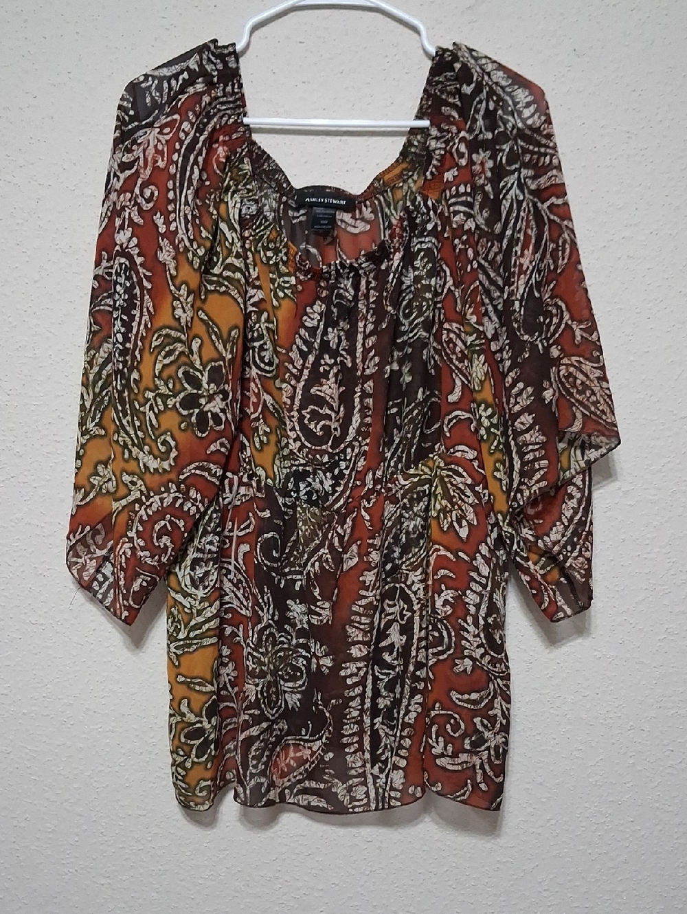Ashley Stewart Sheer Paisley Blouse in Rust, Brown & Gold